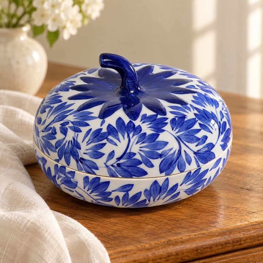 Vintage Trinket Jar Blue White Ceramic Hand Painted Pumpkin Lidded Chinoiserie